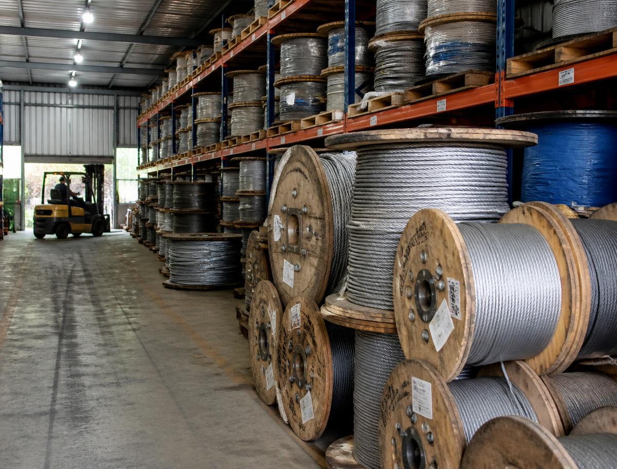 Bobinas de cabo de aço estocadas em galpão industrial