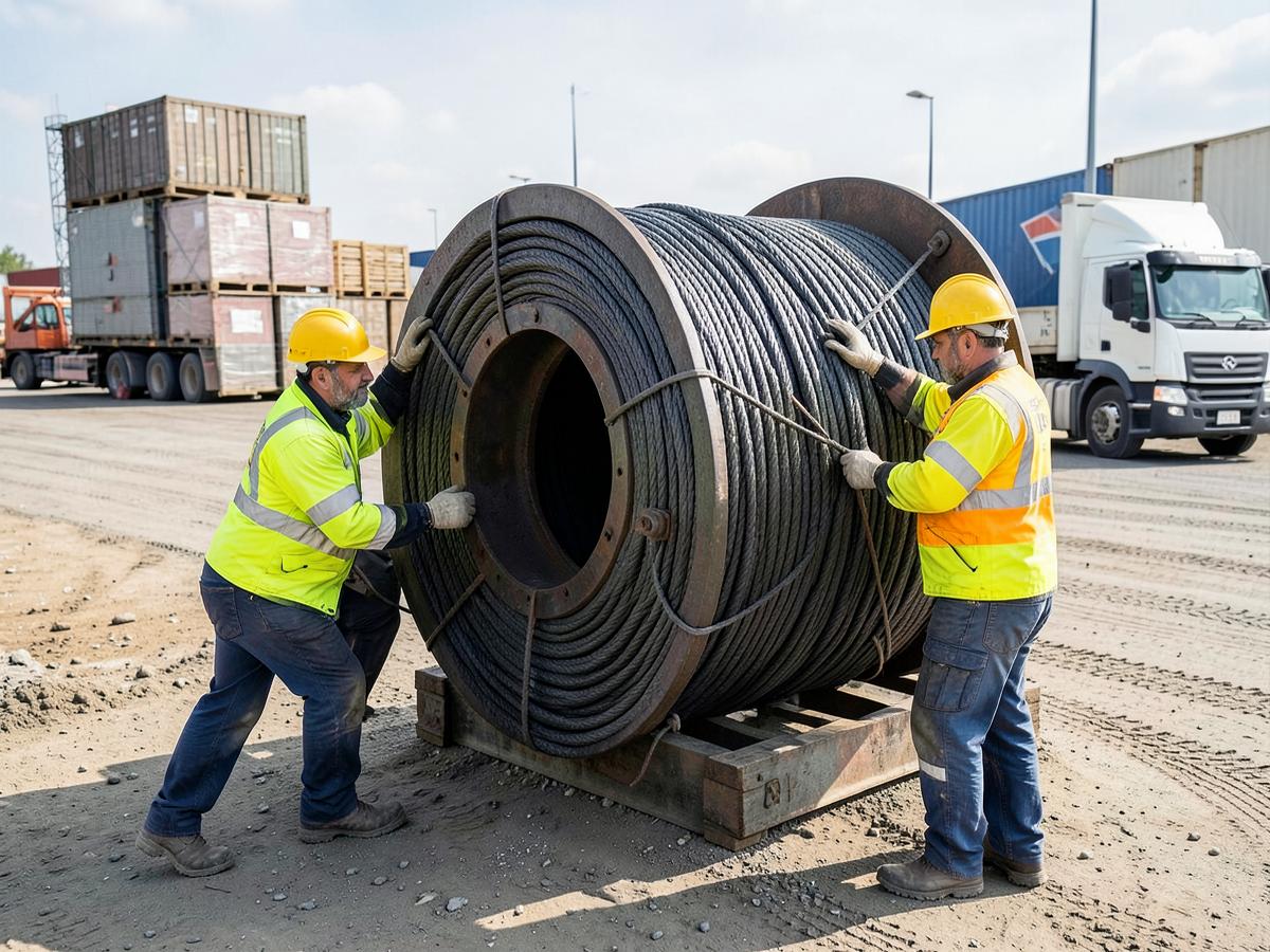 Equipe manuseando bobina de cabo de aço para expedição